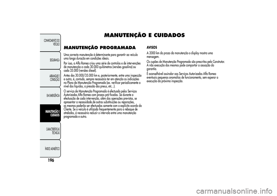 Alfa Romeo MiTo 2013 Manual de Uso e Manutenção (in Portuguese) MANUTENÇÃO E CUIDADOS
MANUTENÇÃO PROGRAMADAUma correcta manutenção é determinante para garantir ao veículo
uma longa duração em condições ideais.
Por isso, a Alfa Romeo criou uma série de Alfa Romeo MiTo 2013 Manual de Uso e Manutenção (in Portuguese) MANUTENÇÃO E CUIDADOS
MANUTENÇÃO PROGRAMADAUma correcta manutenção é determinante para garantir ao veículo
uma longa duração em condições ideais.
Por isso, a Alfa Romeo criou uma série de