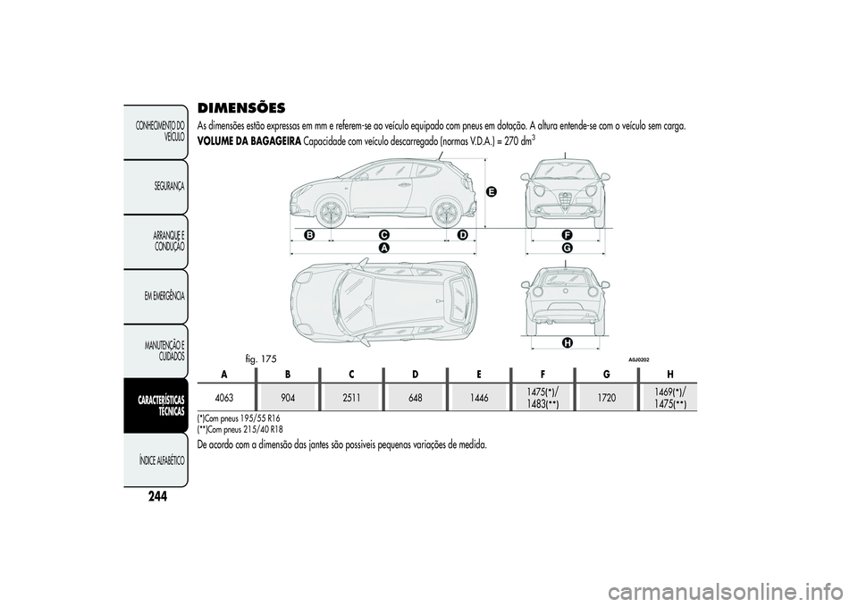 Alfa Romeo MiTo 2013  Manual de Uso e Manutenção (in Portuguese) DIMENSÕESAs dimensões estão expressas em mm e referem-se ao veículo equipado com pneus em dotação. A altura entende-se com o veículo sem carga.
VOLUME DA BAGAGEIRACapacidade com veículo descar