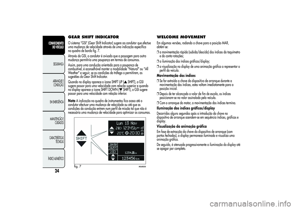 Alfa Romeo MiTo 2013  Manual de Uso e Manutenção (in Portuguese) GEAR SHIFT INDICATORO sistema “GSI” (Gear Shift Indicator) sugere ao condutor que efectue
uma mudança de velocidade através de uma indicação específica
no quadro de bordo fig. 7.
Através do 