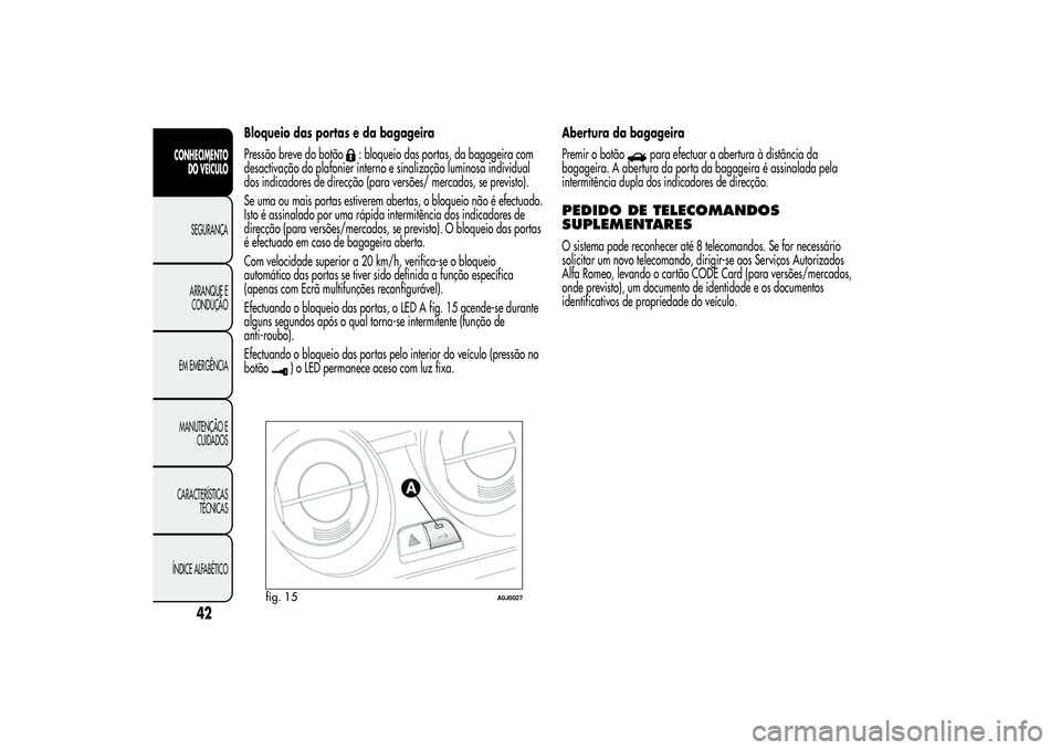 Alfa Romeo MiTo 2013  Manual de Uso e Manutenção (in Portuguese) Bloqueio das portas e da bagageira
Pressão breve do botão
: bloqueio das portas, da bagageira com
desactivação do plafonier interno e sinalização luminosa individual
dos indicadores de direcçã