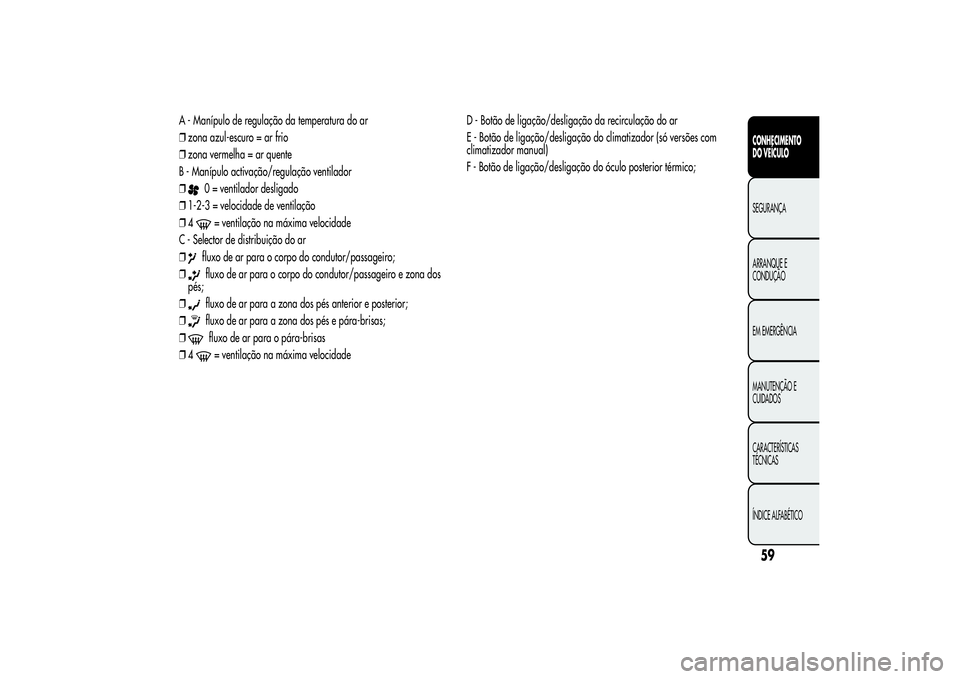 Alfa Romeo MiTo 2013  Manual de Uso e Manutenção (in Portuguese) A - Manípulo de regulação da temperatura do ar
❒zona azul-escuro = ar frio
❒zona vermelha = ar quente
B - Manípulo activação/regulação ventilador
❒
0 = ventilador desligado
❒1-2-3 = ve