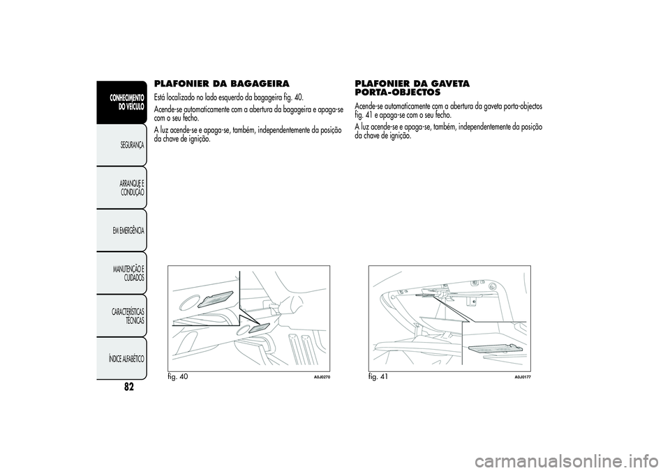 Alfa Romeo MiTo 2013  Manual de Uso e Manutenção (in Portuguese) PLAFONIER DA BAGAGEIRAEstá localizado no lado esquerdo da bagageira fig. 40.
Acende-se automaticamente com a abertura da bagageira e apaga-se
com o seu fecho.
A luz acende-se e apaga-se, também, ind