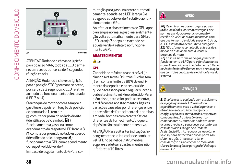 Alfa Romeo MiTo 2019  Manual de Uso e Manutenção (in Portuguese) ATENÇÃO Rodando a chave de ignição
para posição MAR, todos os LED perma-
necem acesos por cerca de 4 segundos
(função check).
ATENÇÃO Rodando a chave de ignição
para a posição STOP, perm