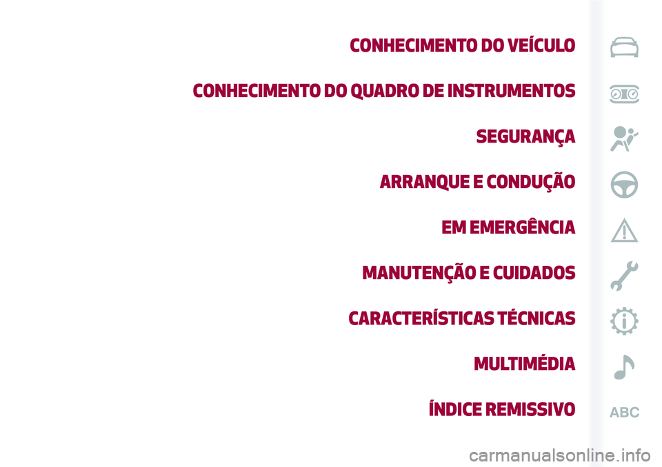Alfa Romeo MiTo 2020  Manual de Uso e Manutenção (in Portuguese) CONHECIMENTO DO VEÍCULO
CONHECIMENTO DO QUADRO DE INSTRUMENTOS
SEGURANÇA
ARRANQUE E CONDUÇÃO
EM EMERGÊNCIA
MANUTENÇÃO E CUIDADOS
CARACTERÍSTICAS TÉCNICAS
MULTIMÉDIA
ÍNDICE REMISSIVO 