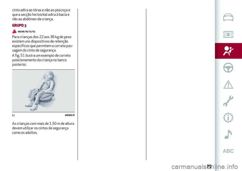 Alfa Romeo MiTo 2018  Manual de Uso e Manutenção (in Portuguese) cinto adira ao tórax e não ao pescoço e
que a secção horizontal adira à bacia e
não ao abdómen da criança.
GRUPO 3
68) 69) 70) 71) 72)
Para crianças dos 22 aos 36 kg de peso
existem uns disp