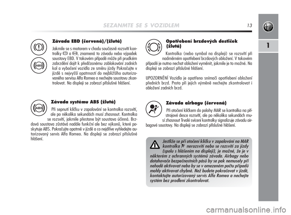 Alfa Romeo MiTo 2008  Návod k použití a údržbě (in Czech) SEZANMTE SE S VOZIDLEM13
1
Závada EBD (ãer vená)/(Ïlutá)
Jakmile se s motorem v chodu současně rozsvítí kon-
trolky 
xa >, znamená to závadu nebo výpadek
soustavy EBD. V takovém případ�