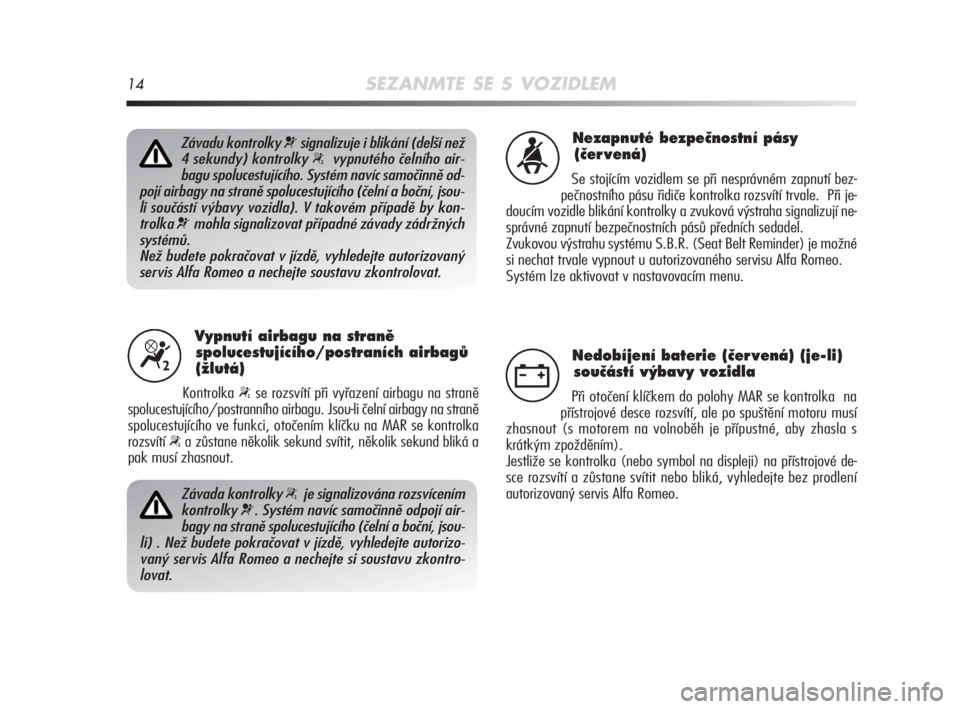 Alfa Romeo MiTo 2008  Návod k použití a údržbě (in Czech) 14SEZANMTE SE S VOZIDLEM
Vypnutí airbagu na stranû
spolucestujícího/postraních airbagÛ
(Ïlutá)
Kontrolka “se rozsvítí při vyřazení airbagu na straně
spolucestujícího/postranního air