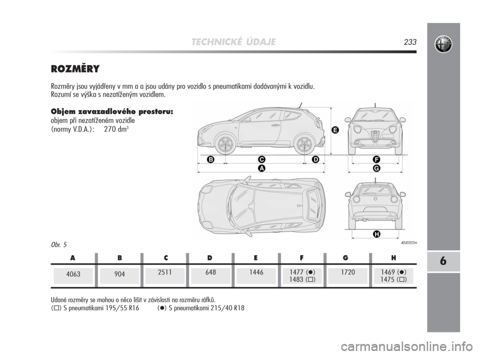 Alfa Romeo MiTo 2008  Návod k použití a údržbě (in Czech) TECHNICKÉ ÚDAJE233
6
Obr. 5A0J0202m
ROZMùRY
Rozměry jsou vyjádřeny v mm a a jsou udány pro vozidlo s pneumatikami dodávanými k vozidlu. 
Rozumí se výška s nezatíženým vozidlem.
Objem za