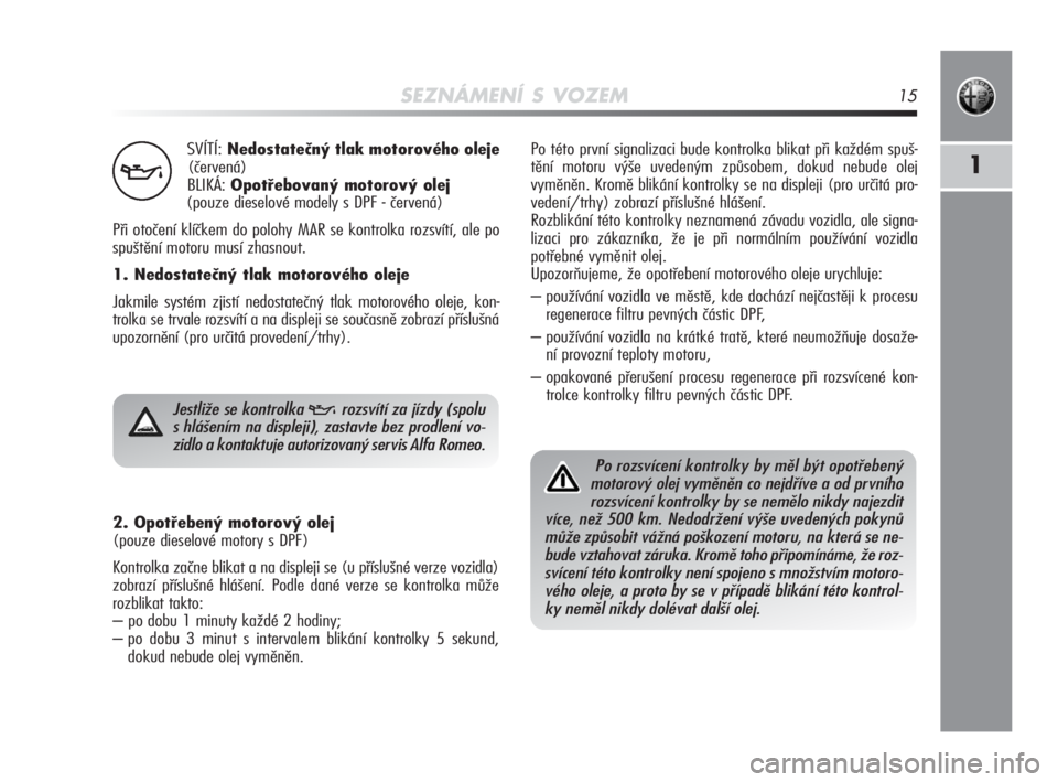 Alfa Romeo MiTo 2010  Návod k použití a údržbě (in Czech) SEZNÁMENÍ S VOZEM15
1
SVÍTÍ:Nedostatečný tlak motorového oleje
(červená)
BLIKÁ: Opotřebovaný motorový olej
(pouze dieselové modely s DPF - červená)
Při otočení klíčkem do polohy M