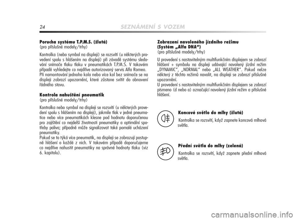 Alfa Romeo MiTo 2010  Návod k použití a údržbě (in Czech) 24SEZNÁMENÍ S VOZEM
Porucha systému T.P.M.S. (žlutá)
(pro příslušné modely/trhy)
Kontrolka (nebo symbol na displeji) se rozsvítí (u některých pro-
vedení spolu s hlášením na displeji)