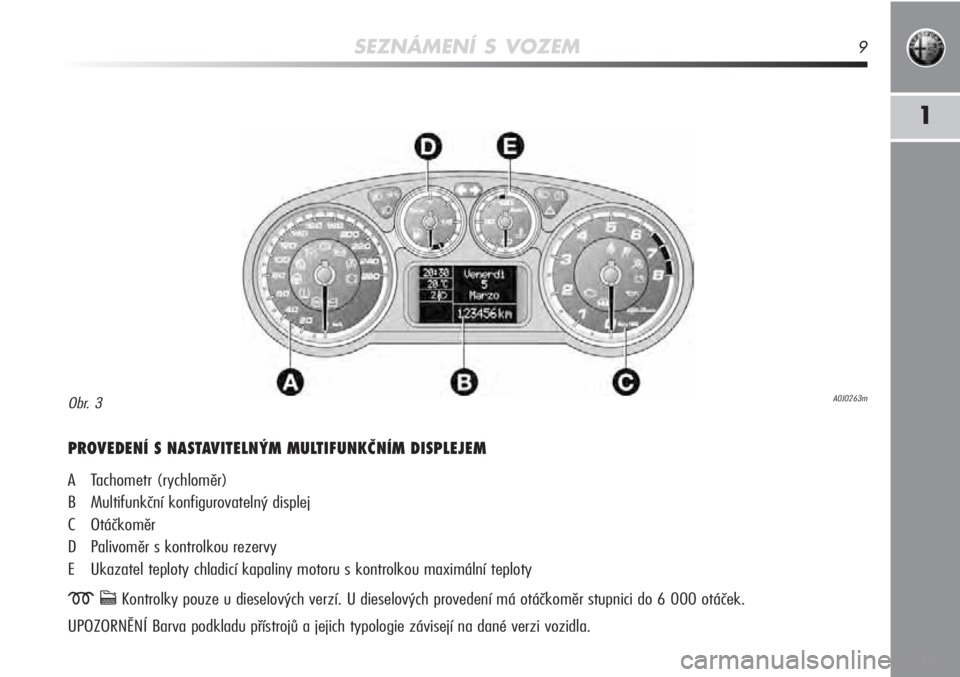 Alfa Romeo MiTo 2011  Návod k použití a údržbě (in Czech) SEZNÁMENÍ S VOZEM9
1
PROVEDENÍ S NASTAVITELNÝM MULTIFUNKČNÍM DISPLEJEM
A Tachometr (rychloměr)
B Multifunkční konfigurovatelný displej
C Otáčkoměr
D Palivoměr s kontrolkou rezervy
E Ukaz