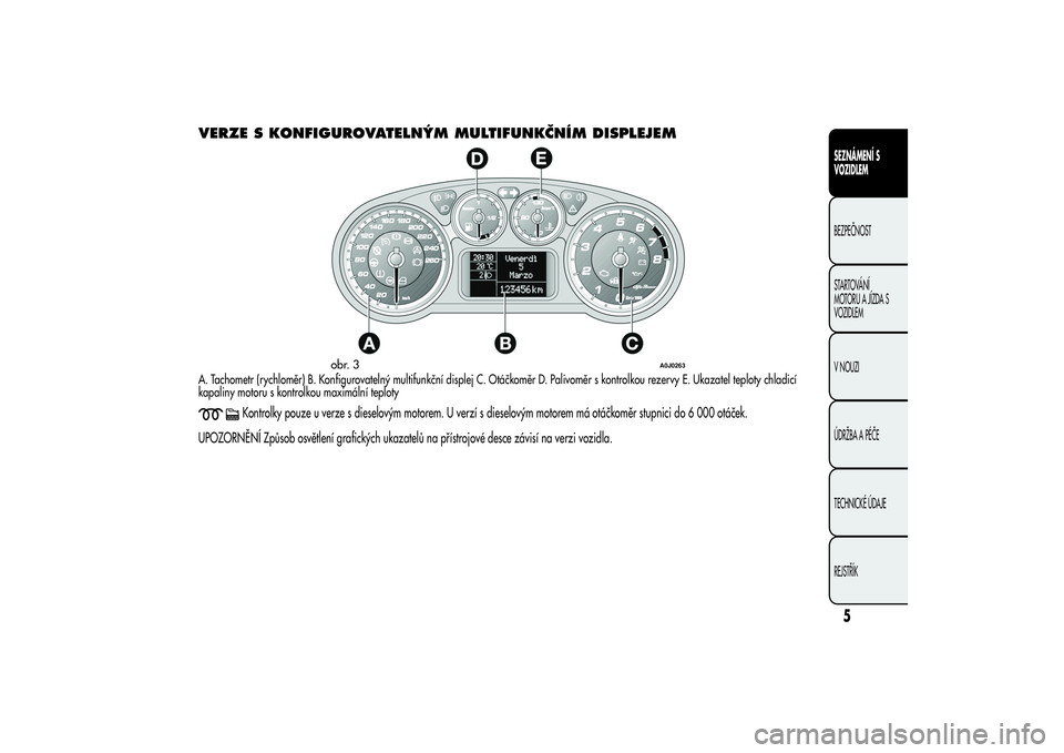 Alfa Romeo MiTo 2013  Návod k použití a údržbě (in Czech) VERZE S KONFIGUROVATELNÝM MULTIFUNKČNÍM DISPLEJEMA. Tachometr (rychloměr) B. Konfigurovatelný multifunkční displej C. Otáčkoměr D. Palivoměr s kontrolkou rezervy E. Ukazatel teploty chladic