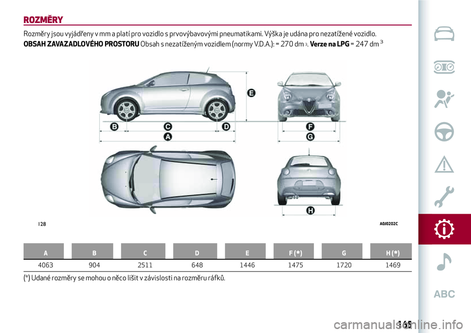 Alfa Romeo MiTo 2019  Návod k použití a údržbě (in Czech) ROZMĚRY
Rozměry jsou vyjádřeny v mm a platí pro vozidlo s prvovýbavovými pneumatikami. Výška je udána pro nezatížené vozidlo.
OBSAH ZAVAZADLOVÉHO PROSTORUObsah s nezatíženým vozidlem 