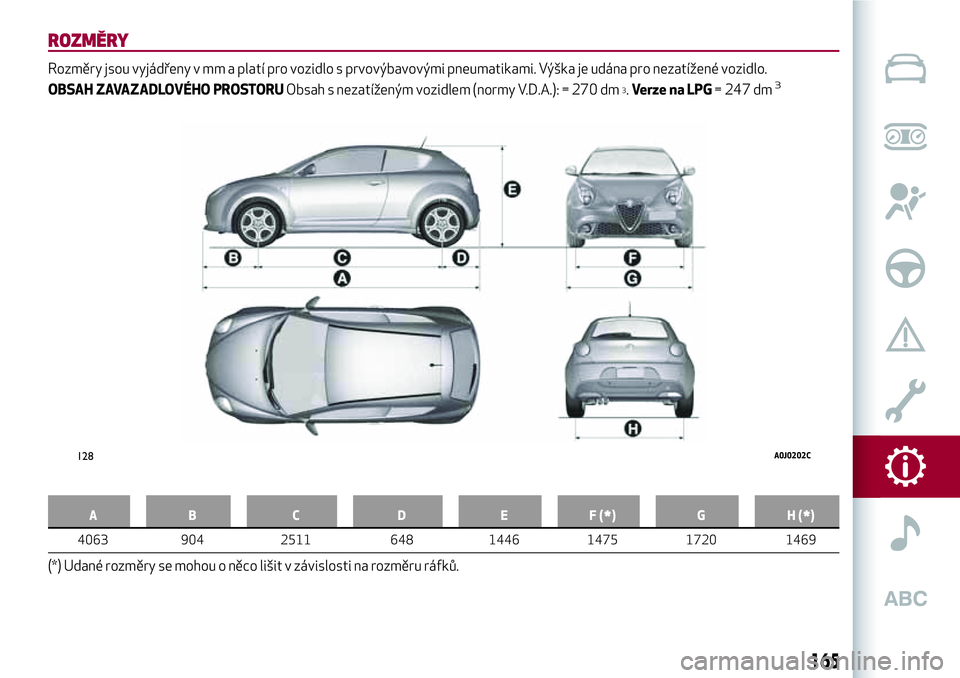 Alfa Romeo MiTo 2020 Návod k použití a údržbě (in Czech) ROZMĚRY
Rozměry jsou vyjádřeny v mm a platí pro vozidlo s prvovýbavovými pneumatikami. Výška je udána pro nezatížené vozidlo.
OBSAH ZAVAZADLOVÉHO PROSTORUObsah s nezatíženým vozidlem Alfa Romeo MiTo 2020 Návod k použití a údržbě (in Czech) ROZMĚRY
Rozměry jsou vyjádřeny v mm a platí pro vozidlo s prvovýbavovými pneumatikami. Výška je udána pro nezatížené vozidlo.
OBSAH ZAVAZADLOVÉHO PROSTORUObsah s nezatíženým vozidlem