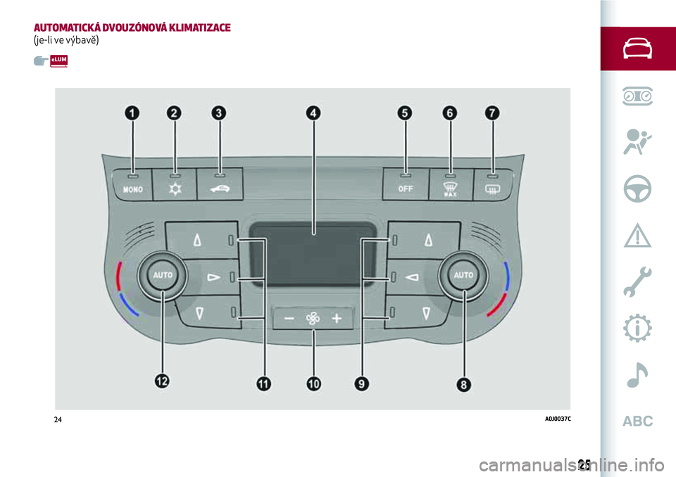 Alfa Romeo MiTo 2021  Návod k použití a údržbě (in Czech) AUTOMATICKÁ DVOUZÓNOVÁ KLIMATIZACE
(je-li ve výbavě)
24A0J0037C
25 