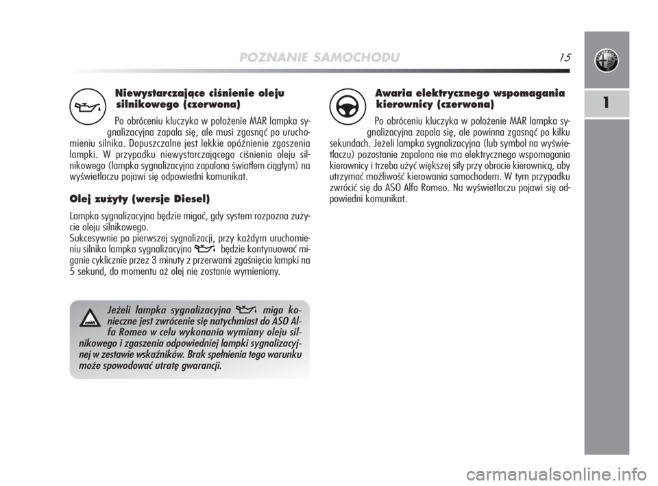 Alfa Romeo MiTo 2008  Instrukcja obsługi (in Polish) POZNANIE SAMOCHODU15
1
Niewystarczajàce ciÊnienie oleju
silnikowego (czerwona)
Po obróceniu kluczyka w położenie MAR lampka sy-
gnalizacyjna zapala się, ale musi zgasnąć po urucho-
mieniu siln