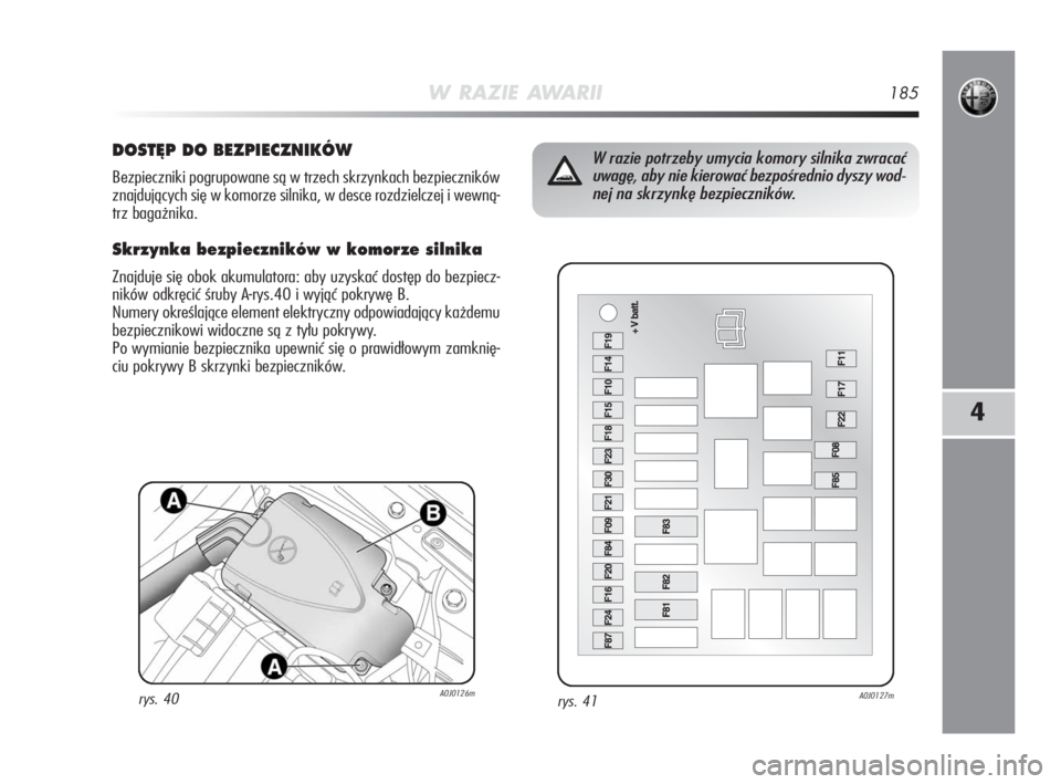 Alfa Romeo MiTo 2009  Instrukcja obsługi (in Polish) W RAZIE AWARII185
4
rys. 41A0J0127m
W razie potrzeby umycia komory silnika zwracać
uwagę, aby nie kierować bezpośrednio dyszy wod-
nej na skrzynkę bezpieczników.DOST¢P DO BEZPIECZNIKÓW
Bezpiec