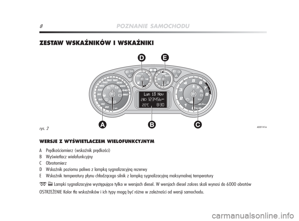 Alfa Romeo MiTo 2009  Instrukcja obsługi (in Polish) 8POZNANIE SAMOCHODU
ZESTAW WSKAèNIKÓW I WSKAèNIKI
AC
DE
B
WERSJE Z WYÂWIETLACZEM WIELOFUNKCYJNYM
A Prędkościomierz (wskaźnik prędkości)
B Wyświetlacz wielofunkcyjny
C Obrotomierz
D Wskaźnik