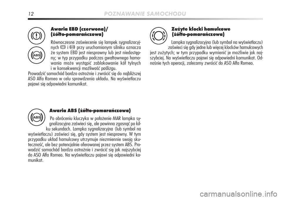 Alfa Romeo MiTo 2011  Instrukcja obsługi (in Polish) 12POZNAWANIE SAMOCHODU
Awaria EBD (czerwona)/
(żółto-pomarańczowa)
Równoczesne zaświecenie się lampek sygnalizacyj-
nych 
xi>przy uruchomionym silniku oznacza 
że system EBD jest niesprawny lu