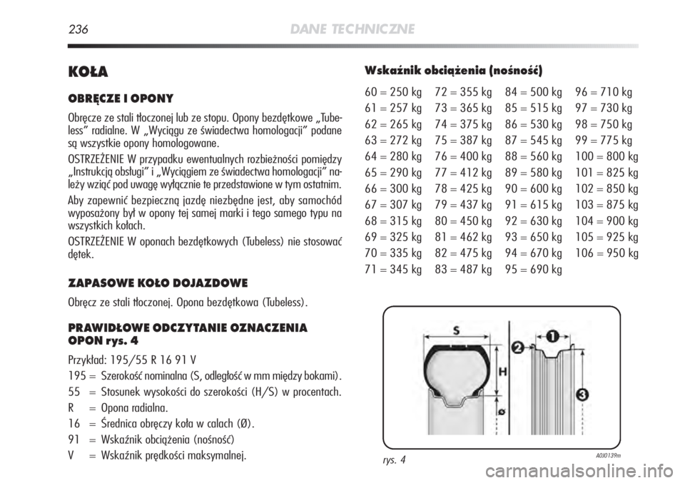 Alfa Romeo MiTo 2011  Instrukcja obsługi (in Polish) 236DANE TEC HNIC ZNE
KOŁA
OBRĘCZE I OPONY
Obręcze ze stali tłoczonej lub ze stopu. Opony bezdętkowe „T\
ube-
less” radialne. W „Wyciągu ze świadectwa homologacji” podane
są wszystkie o