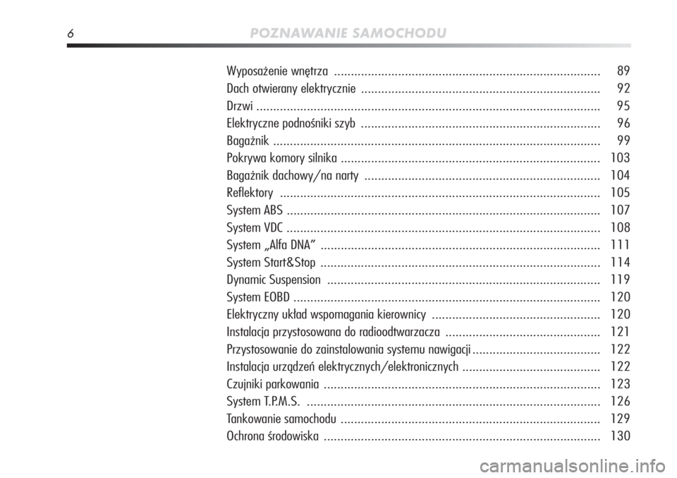 Alfa Romeo MiTo 2011  Instrukcja obsługi (in Polish) 6POZNAWANIE SAMOCHODU
Wyposażenie wnętrza .....................................................................\Ć.......... 89
Dach otwierany elektr ycznie .........................................