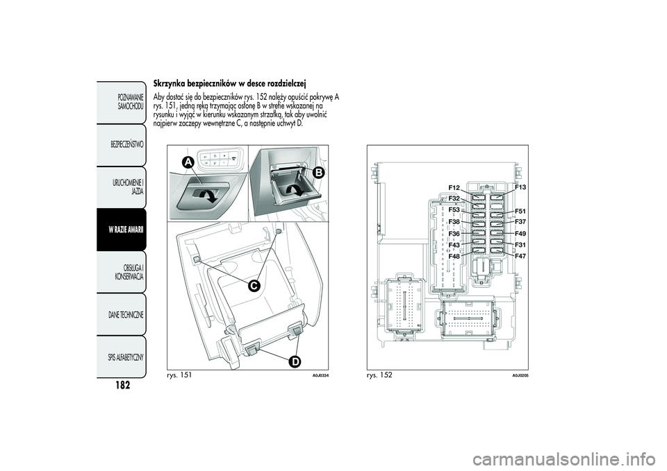 Alfa Romeo MiTo 2013 Instrukcja obsługi (in Polish) Skrzynka bezpieczników w desce rozdzielczej
Aby dostać się do bezpieczników rys. 152 należy opuścić pokrywę A
rys. 151, jedną ręką trzymając osłonę B w strefie wskazanej na
rysunku i wyj Alfa Romeo MiTo 2013 Instrukcja obsługi (in Polish) Skrzynka bezpieczników w desce rozdzielczej
Aby dostać się do bezpieczników rys. 152 należy opuścić pokrywę A
rys. 151, jedną ręką trzymając osłonę B w strefie wskazanej na
rysunku i wyj