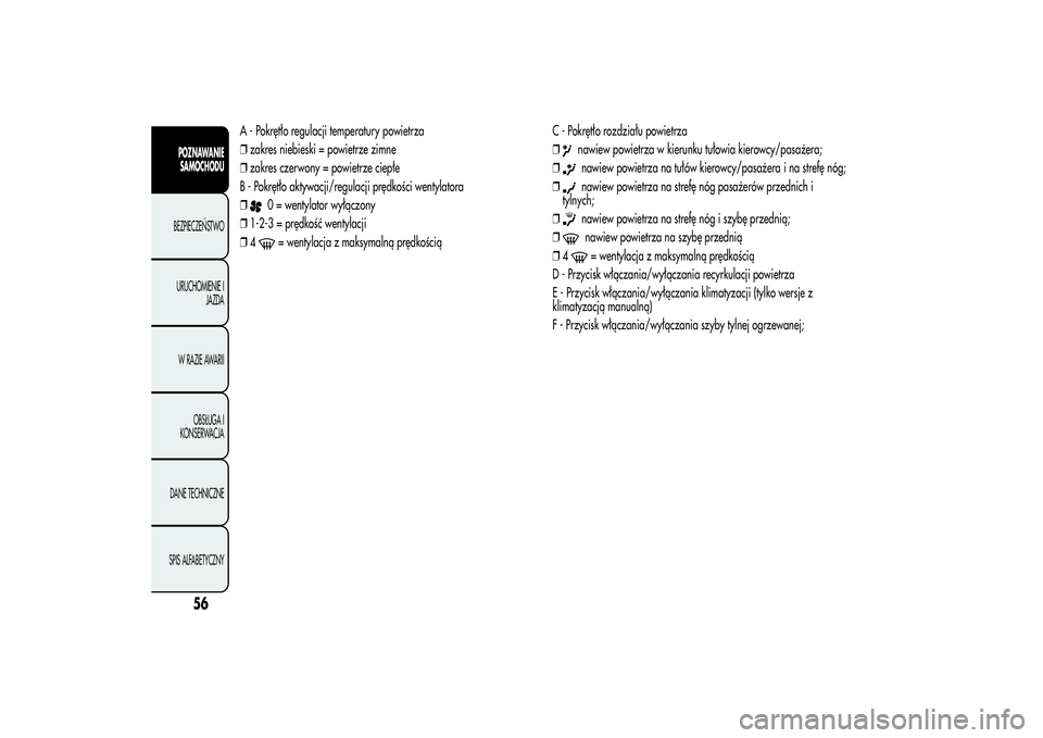 Alfa Romeo MiTo 2013  Instrukcja obsługi (in Polish) A - Pokrętło regulacji temperatury powietrza
❒zakres niebieski = powietrze zimne
❒zakres czerwony = powietrze ciepłe
B - Pokrętło aktywacji/regulacji prędkości wentylatora
❒
0 = wentylato
