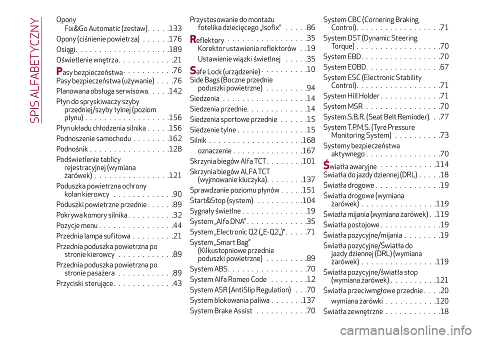 Alfa Romeo MiTo 2020 Instrukcja obsługi (in Polish) Opony
Fix&Go Automatic (zestaw).....133
Opony (ciśnienie powietrza)......176
Osiągi....................189
Oświetlenie wnętrza............21
Pasy bezpieczeństwa...........76
Pasy bezpieczeństwa Alfa Romeo MiTo 2020 Instrukcja obsługi (in Polish) Opony
Fix&Go Automatic (zestaw).....133
Opony (ciśnienie powietrza)......176
Osiągi....................189
Oświetlenie wnętrza............21
Pasy bezpieczeństwa...........76
Pasy bezpieczeństwa