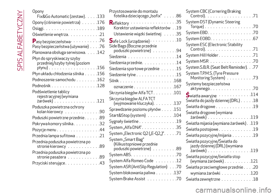 Alfa Romeo MiTo 2021  Instrukcja obsługi (in Polish) Opony
Fix&Go Automatic (zestaw).....133
Opony (ciśnienie powietrza)......176
Osiągi....................189
Oświetlenie wnętrza............21
Pasy bezpieczeństwa...........76
Pasy bezpieczeństwa 