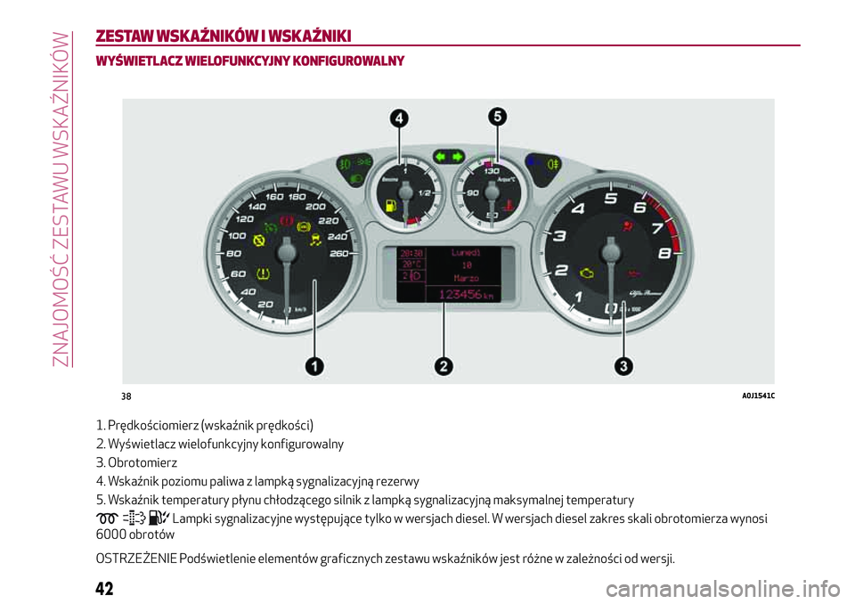 Alfa Romeo MiTo 2019 Instrukcja obsługi (in Polish) ZESTAW WSKAŹNIKÓW I WSKAŹNIKI
WYŚWIETLACZ WIELOFUNKCYJNY KONFIGUROWALNY
1. Prędkościomierz (wskaźnik prędkości)
2. Wyświetlacz wielofunkcyjny konfigurowalny
3. Obrotomierz
4. Wskaźnik pozio Alfa Romeo MiTo 2019 Instrukcja obsługi (in Polish) ZESTAW WSKAŹNIKÓW I WSKAŹNIKI
WYŚWIETLACZ WIELOFUNKCYJNY KONFIGUROWALNY
1. Prędkościomierz (wskaźnik prędkości)
2. Wyświetlacz wielofunkcyjny konfigurowalny
3. Obrotomierz
4. Wskaźnik pozio