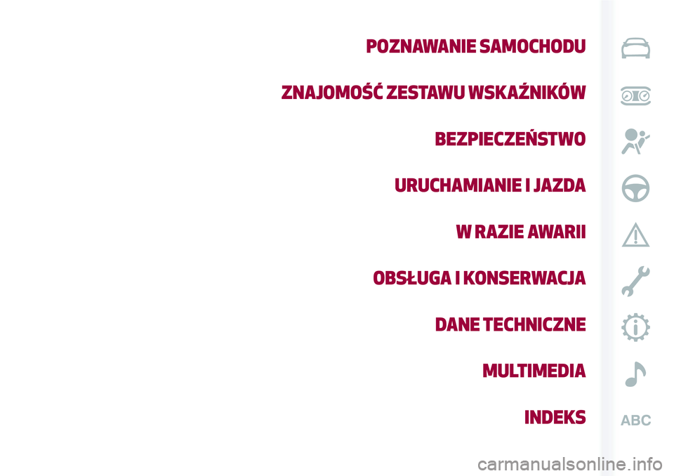 Alfa Romeo MiTo 2021  Instrukcja obsługi (in Polish) POZNAWANIE SAMOCHODU
ZNAJOMOŚĆ ZESTAWU WSKAŹNIKÓW
BEZPIECZEŃSTWO
URUCHAMIANIE I JAZDA
W RAZIE AWARII
OBSŁUGA I KONSERWACJA
DANE TECHNICZNE
MULTIMEDIA
INDEKS 