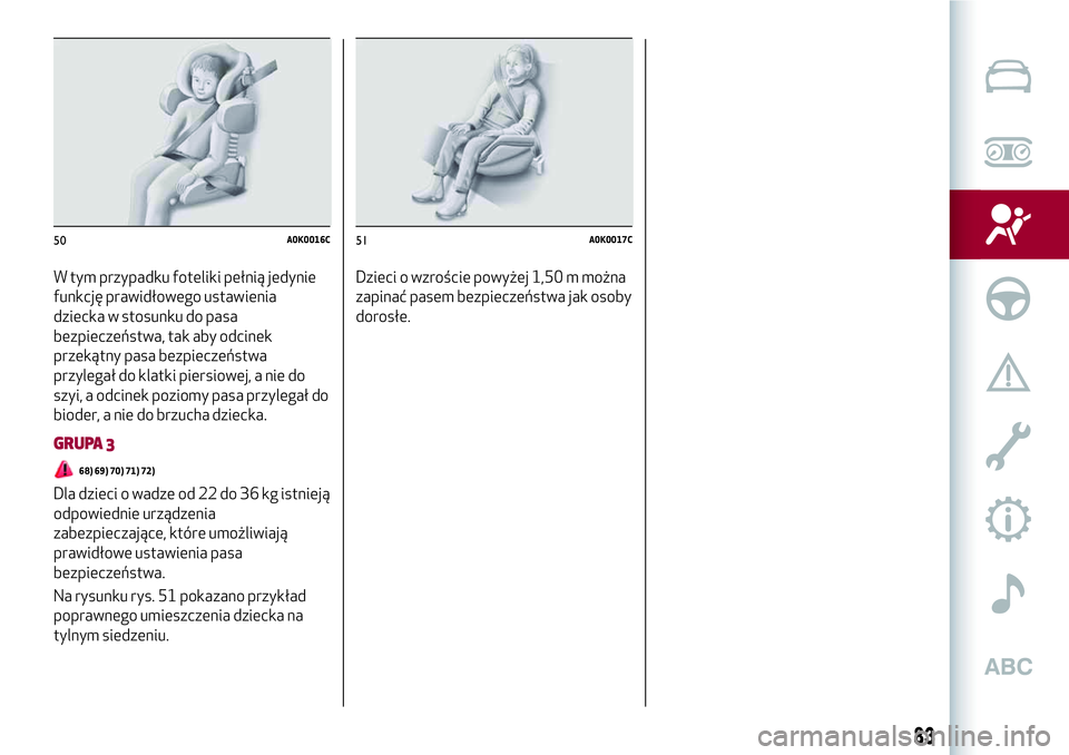 Alfa Romeo MiTo 2019  Instrukcja obsługi (in Polish) W tym przypadku foteliki pełnią jedynie
funkcję prawidłowego ustawienia
dziecka w stosunku do pasa
bezpieczeństwa, tak aby odcinek
przekątny pasa bezpieczeństwa
przylegał do klatki piersiowej,