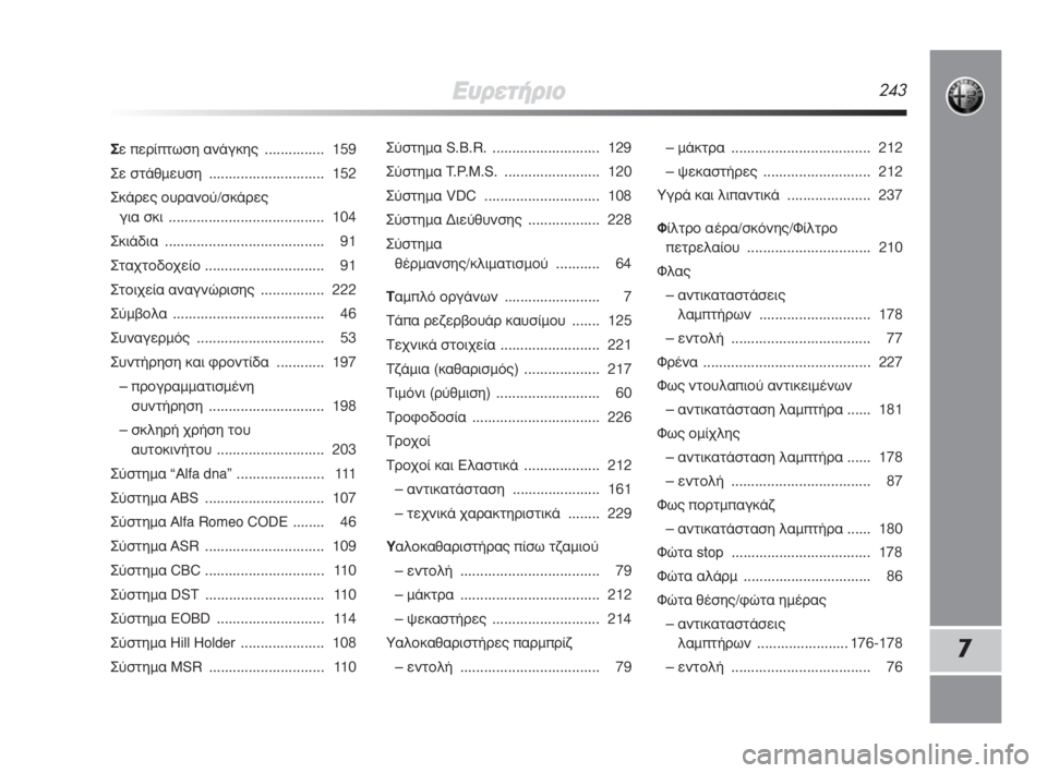 Alfa Romeo MiTo 2009  ΒΙΒΛΙΟ ΧΡΗΣΗΣ ΚΑΙ ΣΥΝΤΗΡΗΣΗΣ (in Greek) ∂˘ÚÂÙ‹ÚÈÔ243
7
™Â ÂÚ›ÙˆÛË ·Ó¿ÁÎË˜ ............... 159
™Â ÛÙ¿ıÌÂ˘ÛË  ............................. 152
™Î¿ÚÂ˜ Ô˘Ú·ÓÔ‡/ÛÎ¿ÚÂ˜ 
ÁÈ· 