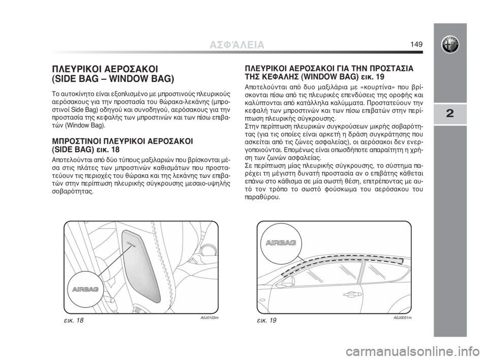 Alfa Romeo MiTo 2010  ΒΙΒΛΙΟ ΧΡΗΣΗΣ ΚΑΙ ΣΥΝΤΗΡΗΣΗΣ (in Greek) 2
ΠΛΕΥΡΙΚΟΙ ΑΕΡΟΣΑΚΟΙ 
(SIDE BAG – WINDOW BAG)
Το αυτοκίνητο είναι εξοπλισμένο με μπροστινούς πλευρικούς
αερόσακους γ