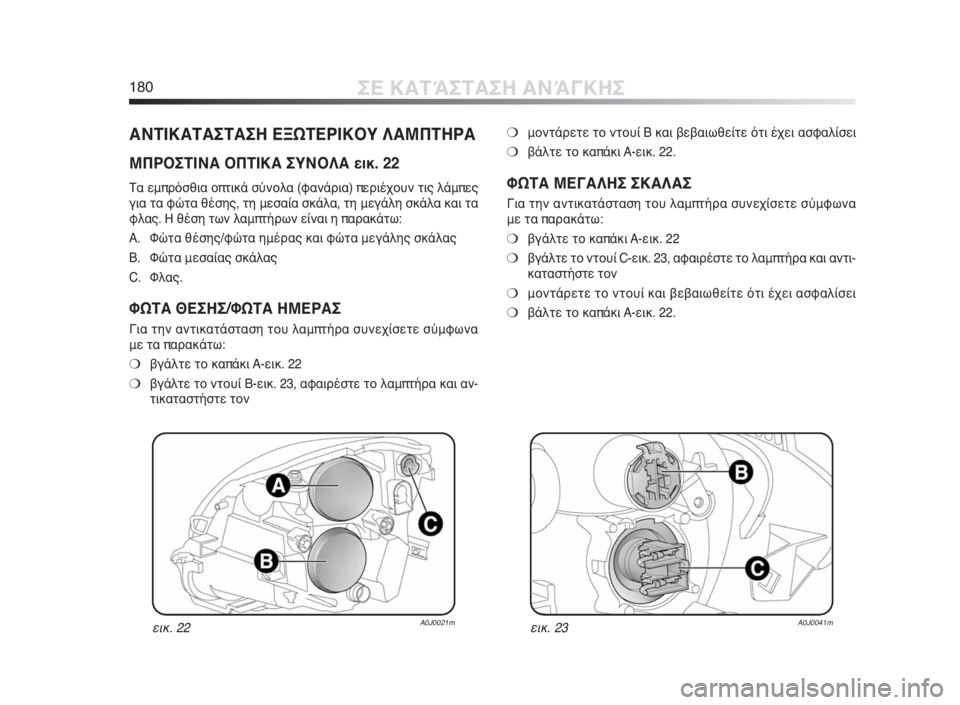 Alfa Romeo MiTo 2010  ΒΙΒΛΙΟ ΧΡΗΣΗΣ ΚΑΙ ΣΥΝΤΗΡΗΣΗΣ (in Greek) 180ΣΕ ΚΑΤΆΣΤΑΣΗ ΑΝΆΓΚΗΣ
ΑΝΤΙΚΑΤΑΣΤΑΣΗ ΕΞΩΤΕΡΙΚΟΥ ΛΑΜΠΤΗΡΑ
ΜΠΡΟΣΤΙΝΑ ΟΠΤΙΚΑ ΣΥΝΟΛΑ εικ. 22
Τα εμπρόσθια οπτικά 