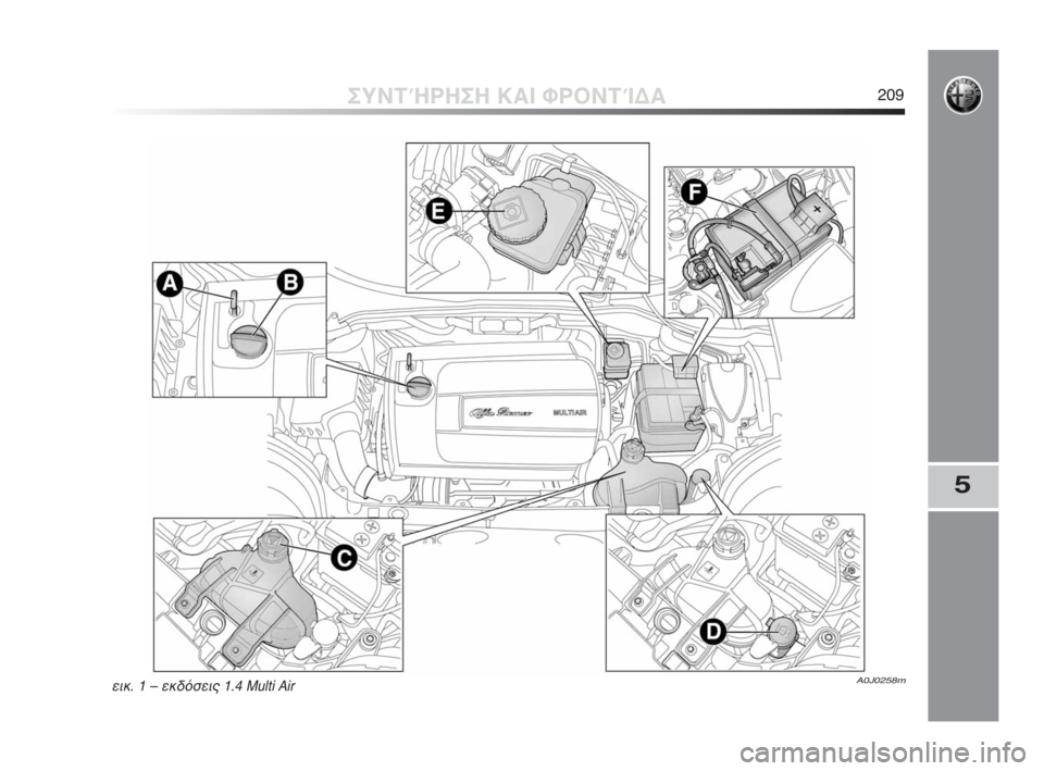 Alfa Romeo MiTo 2010  ΒΙΒΛΙΟ ΧΡΗΣΗΣ ΚΑΙ ΣΥΝΤΗΡΗΣΗΣ (in Greek) 5
ΣΥΝΤΉΡΗΣΗ ΚΑΙ ΦΡΟΝΤΊΔΑ209
A0J0258mεικ. 1 – εκδόσεις 1.4 Multi Air
201-226 Alfa MiTo EL 2ed  1-02-2010  14:24  Pagina 209 