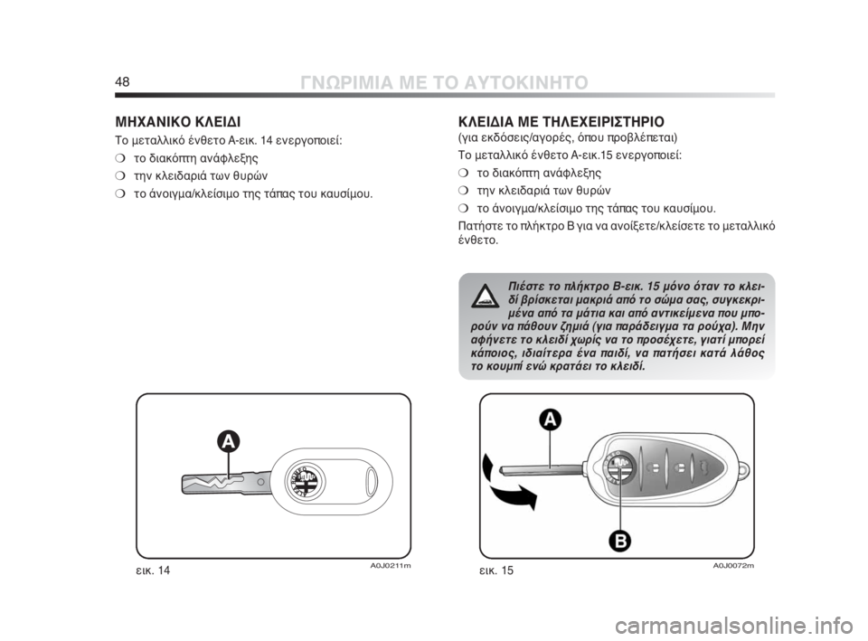 Alfa Romeo MiTo 2010  ΒΙΒΛΙΟ ΧΡΗΣΗΣ ΚΑΙ ΣΥΝΤΗΡΗΣΗΣ (in Greek) 48ΓΝΩΡΙΜΙΑ ΜΕ ΤΟ ΑΥΤΟΚΙΝΗΤΟ
ΜΗΧΑΝΙΚΟ ΚΛΕΙΔΙ 
Το μεταλλικό ένθετο A-εικ. 14 ενεργοποιεί:
❍το διακόπτη ανάφλεξης
