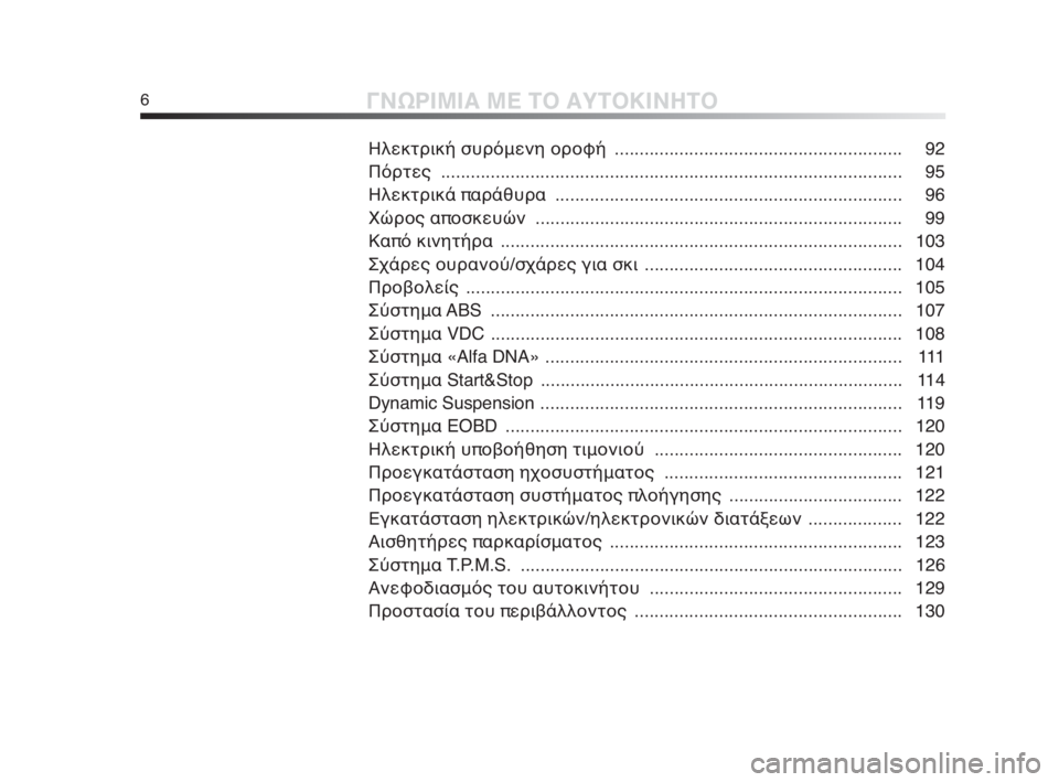 Alfa Romeo MiTo 2010  ΒΙΒΛΙΟ ΧΡΗΣΗΣ ΚΑΙ ΣΥΝΤΗΡΗΣΗΣ (in Greek) 6ΓΝΩΡΙΜΙΑ ΜΕ ΤΟ ΑΥΤΟΚΙΝΗΤΟ
Ηλεκτρική συρόμενη οροφή .......................................................... 92
Πόρτες .............................