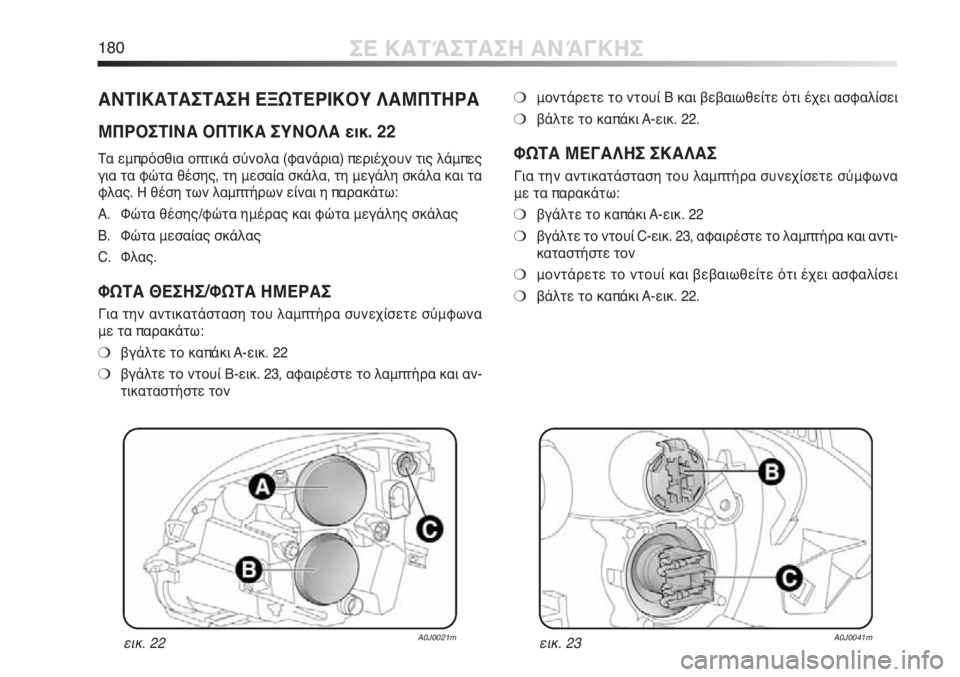 Alfa Romeo MiTo 2012 ΒΙΒΛΙΟ ΧΡΗΣΗΣ ΚΑΙ ΣΥΝΤΗΡΗΣΗΣ (in Greek) 180ΣΕ ΚΑΤΆΣΤΑΣΗ ΑΝΆΓΚΗΣ
ΑΝΤΙΚΑΤΑΣΤΑΣΗ ΕΞΩΤΕΡΙΚΟΥ ΛΑΜΠΤΗΡΑ
ΜΠΡΟΣΤΙΝΑ ΟΠΤΙΚΑ ΣΥΝΟΛΑ εικ. 22
Τα εμπρόσθια οπτικά Alfa Romeo MiTo 2012 ΒΙΒΛΙΟ ΧΡΗΣΗΣ ΚΑΙ ΣΥΝΤΗΡΗΣΗΣ (in Greek) 180ΣΕ ΚΑΤΆΣΤΑΣΗ ΑΝΆΓΚΗΣ
ΑΝΤΙΚΑΤΑΣΤΑΣΗ ΕΞΩΤΕΡΙΚΟΥ ΛΑΜΠΤΗΡΑ
ΜΠΡΟΣΤΙΝΑ ΟΠΤΙΚΑ ΣΥΝΟΛΑ εικ. 22
Τα εμπρόσθια οπτικά