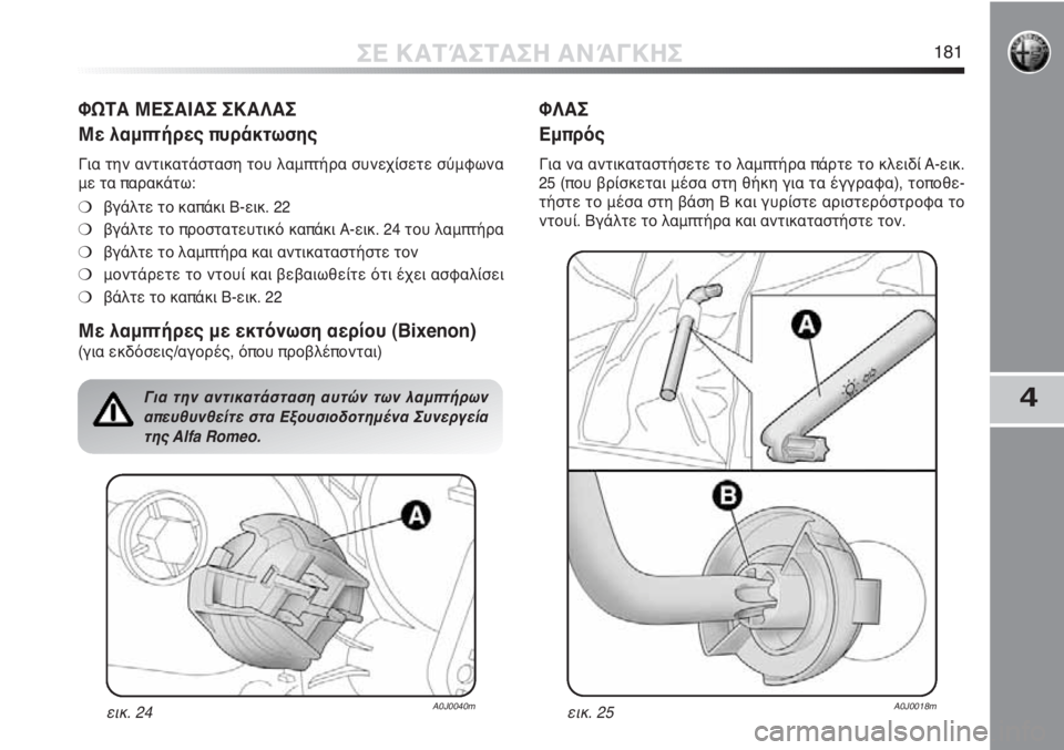 Alfa Romeo MiTo 2012 ΒΙΒΛΙΟ ΧΡΗΣΗΣ ΚΑΙ ΣΥΝΤΗΡΗΣΗΣ (in Greek) 4
ΣΕ ΚΑΤΆΣΤΑΣΗ ΑΝΆΓΚΗΣ181
ΦΩΤΑ ΜΕΣΑΙΑΣ ΣΚΑΛΑΣ
Με λαμπτήρες πυράκτωσης
Για την αντικατάσταση του λαμπτήρα συνε Alfa Romeo MiTo 2012 ΒΙΒΛΙΟ ΧΡΗΣΗΣ ΚΑΙ ΣΥΝΤΗΡΗΣΗΣ (in Greek) 4
ΣΕ ΚΑΤΆΣΤΑΣΗ ΑΝΆΓΚΗΣ181
ΦΩΤΑ ΜΕΣΑΙΑΣ ΣΚΑΛΑΣ
Με λαμπτήρες πυράκτωσης
Για την αντικατάσταση του λαμπτήρα συνε