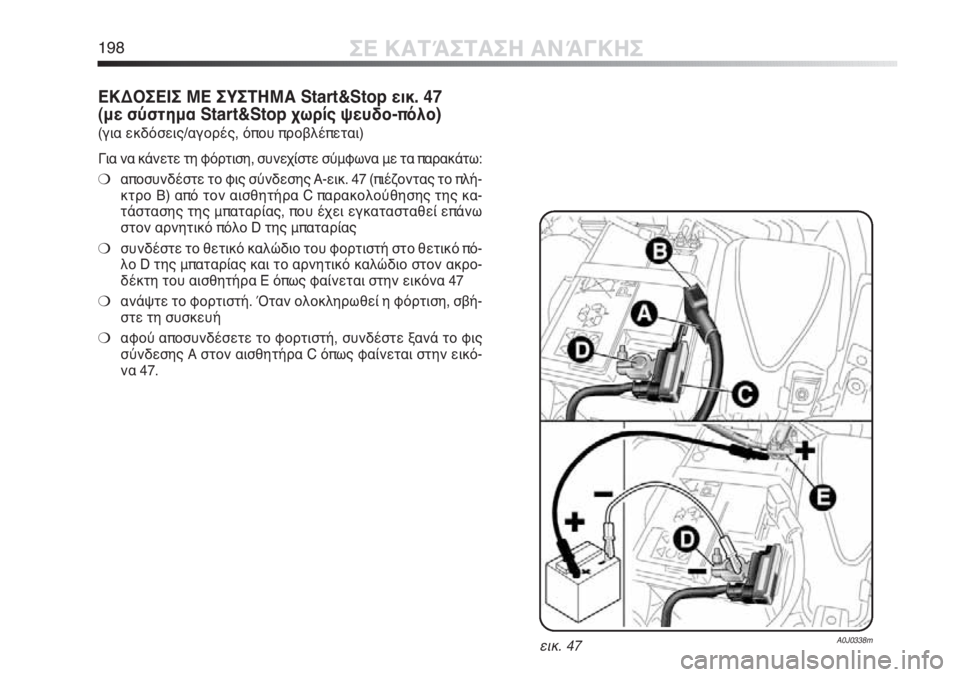 Alfa Romeo MiTo 2012  ΒΙΒΛΙΟ ΧΡΗΣΗΣ ΚΑΙ ΣΥΝΤΗΡΗΣΗΣ (in Greek) 198ΣΕ ΚΑΤΆΣΤΑΣΗ ΑΝΆΓΚΗΣ
εικ. 47A0J0338m
ΕΚΔΟΣΕΙΣ ΜΕ ΣΥΣΤΗΜΑ Start&Stop εικ. 47
(με σύστημα Start&Stop χωρίς ψευδο-πόλο)
(για εκδό