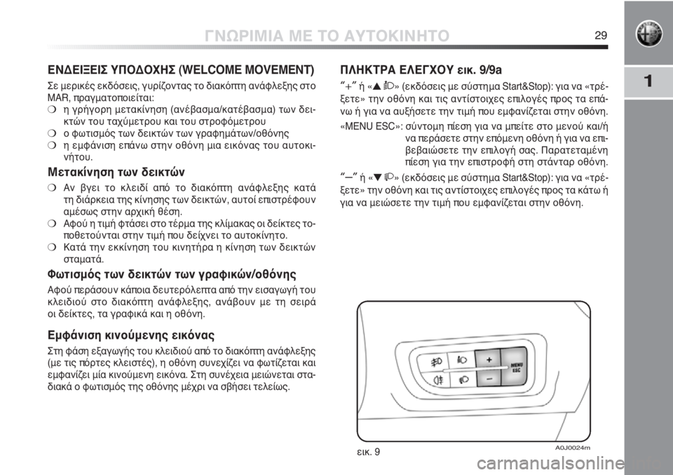 Alfa Romeo MiTo 2012  ΒΙΒΛΙΟ ΧΡΗΣΗΣ ΚΑΙ ΣΥΝΤΗΡΗΣΗΣ (in Greek) 1
ΓΝΩΡΙΜΙΑ ΜΕ ΤΟ ΑΥΤΟΚΙΝΗΤΟ29
ΕΝΔΕΙΞΕΙΣ ΥΠΟΔΟΧΗΣ (WELCOME MOVEMENT)
Σε μερικές εκδόσεις, γυρίζοντας το διακόπτη ανάφλε
