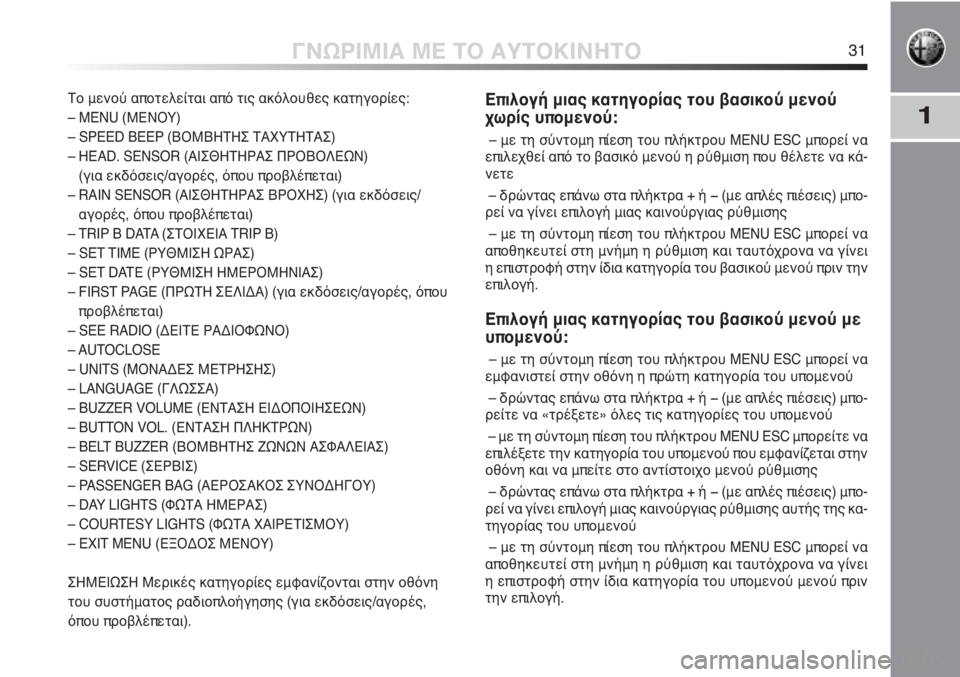 Alfa Romeo MiTo 2012  ΒΙΒΛΙΟ ΧΡΗΣΗΣ ΚΑΙ ΣΥΝΤΗΡΗΣΗΣ (in Greek) 1
ΓΝΩΡΙΜΙΑ ΜΕ ΤΟ ΑΥΤΟΚΙΝΗΤΟ31
Το μενού αποτελείται από τις ακόλουθες κατηγορίες:
– MENU (ΜΕΝΟΥ)
– SPEED BEEP (ΒΟΜΒΗΤΗΣ