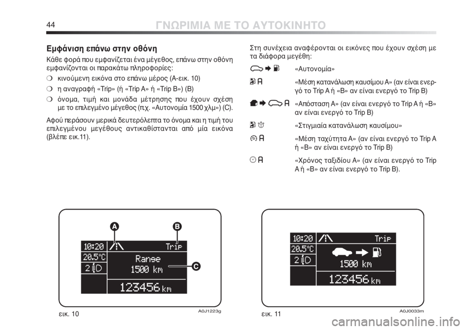 Alfa Romeo MiTo 2012  ΒΙΒΛΙΟ ΧΡΗΣΗΣ ΚΑΙ ΣΥΝΤΗΡΗΣΗΣ (in Greek) 44ΓΝΩΡΙΜΙΑ ΜΕ ΤΟ ΑΥΤΟΚΙΝΗΤΟ
Εμφάνιση επάνω στην οθόνη
Κάθε φορά που εμφανίζεται ένα μέγεθος, επάνω στην οθόνη
