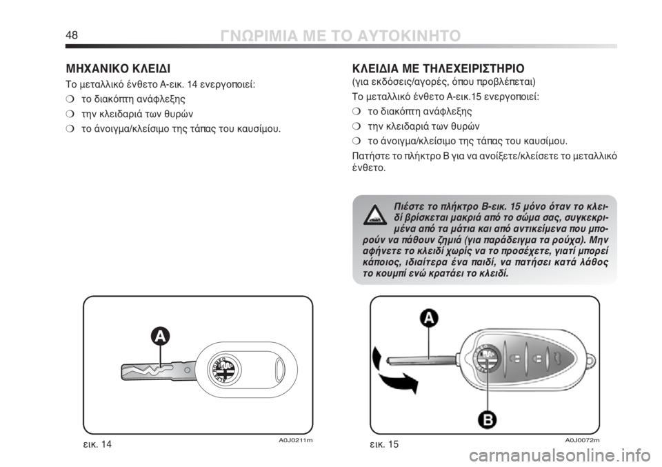 Alfa Romeo MiTo 2012  ΒΙΒΛΙΟ ΧΡΗΣΗΣ ΚΑΙ ΣΥΝΤΗΡΗΣΗΣ (in Greek) 48ΓΝΩΡΙΜΙΑ ΜΕ ΤΟ ΑΥΤΟΚΙΝΗΤΟ
ΜΗΧΑΝΙΚΟ ΚΛΕΙΔΙ 
Το μεταλλικό ένθετο A-εικ. 14 ενεργοποιεί:
❍το διακόπτη ανάφλεξης
