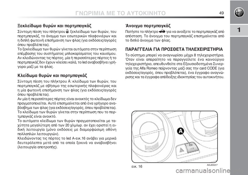 Alfa Romeo MiTo 2012  ΒΙΒΛΙΟ ΧΡΗΣΗΣ ΚΑΙ ΣΥΝΤΗΡΗΣΗΣ (in Greek) 1
ΓΝΩΡΙΜΙΑ ΜΕ ΤΟ ΑΥΤΟΚΙΝΗΤΟ49
Ξεκλείδωμα θυρών και πορτμπαγκάζ
Σύντομη πίεση του πλήκτρου Ë: ξεκλείδωμα των θυ