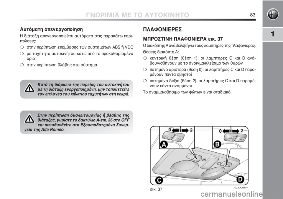 Alfa Romeo MiTo 2012 ΒΙΒΛΙΟ ΧΡΗΣΗΣ ΚΑΙ ΣΥΝΤΗΡΗΣΗΣ (in Greek) 1
ΓΝΩΡΙΜΙΑ ΜΕ ΤΟ ΑΥΤΟΚΙΝΗΤΟ83
ΠΛΑΦΟΝΙΕΡΕΣ
ΜΠΡΟΣΤΙΝΗ ΠΛΑΦΟΝΙΕΡΑ εικ. 37
Ο διακόπτης A ανάβει/σβήνει τους λαμπτήρ Alfa Romeo MiTo 2012 ΒΙΒΛΙΟ ΧΡΗΣΗΣ ΚΑΙ ΣΥΝΤΗΡΗΣΗΣ (in Greek) 1
ΓΝΩΡΙΜΙΑ ΜΕ ΤΟ ΑΥΤΟΚΙΝΗΤΟ83
ΠΛΑΦΟΝΙΕΡΕΣ
ΜΠΡΟΣΤΙΝΗ ΠΛΑΦΟΝΙΕΡΑ εικ. 37
Ο διακόπτης A ανάβει/σβήνει τους λαμπτήρ
