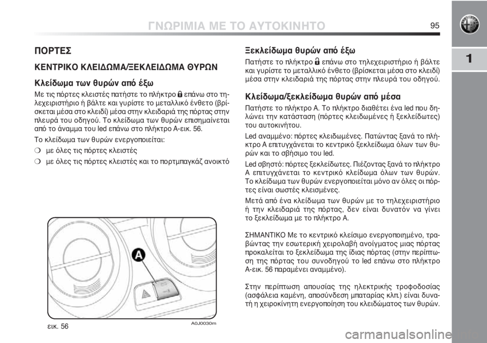 Alfa Romeo MiTo 2012 ΒΙΒΛΙΟ ΧΡΗΣΗΣ ΚΑΙ ΣΥΝΤΗΡΗΣΗΣ (in Greek) 1
ΓΝΩΡΙΜΙΑ ΜΕ ΤΟ ΑΥΤΟΚΙΝΗΤΟ95
ΠΟΡΤΕΣ
ΚΕΝΤΡΙΚΟ ΚΛΕΙΔΩΜΑ/ΞΕΚΛΕΙΔΩΜΑ ΘΥΡΩΝ
Κλείδωμα των θυρών από έξω
Με τις πόρτ Alfa Romeo MiTo 2012 ΒΙΒΛΙΟ ΧΡΗΣΗΣ ΚΑΙ ΣΥΝΤΗΡΗΣΗΣ (in Greek) 1
ΓΝΩΡΙΜΙΑ ΜΕ ΤΟ ΑΥΤΟΚΙΝΗΤΟ95
ΠΟΡΤΕΣ
ΚΕΝΤΡΙΚΟ ΚΛΕΙΔΩΜΑ/ΞΕΚΛΕΙΔΩΜΑ ΘΥΡΩΝ
Κλείδωμα των θυρών από έξω
Με τις πόρτ