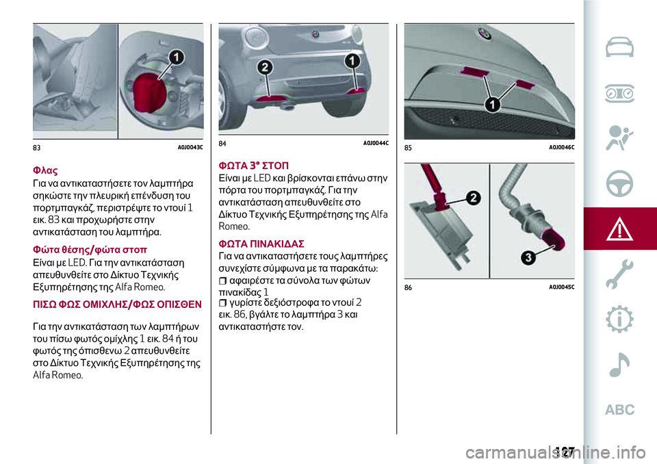 Alfa Romeo MiTo 2019 ΒΙΒΛΙΟ ΧΡΗΣΗΣ ΚΑΙ ΣΥΝΤΗΡΗΣΗΣ (in Greek) Φλας
Για να αντικαταστήσετε τον λαμπτήρα
σηκώστε την πλευρική επένδυση του
πορτμπαγκάζ,περιστρέψτε το ντουί Alfa Romeo MiTo 2019 ΒΙΒΛΙΟ ΧΡΗΣΗΣ ΚΑΙ ΣΥΝΤΗΡΗΣΗΣ (in Greek) Φλας
Για να αντικαταστήσετε τον λαμπτήρα
σηκώστε την πλευρική επένδυση του
πορτμπαγκάζ,περιστρέψτε το ντουί