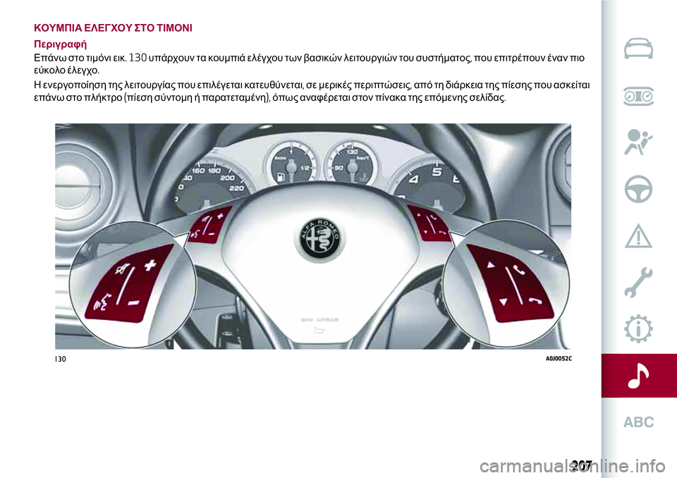 Alfa Romeo MiTo 2019  ΒΙΒΛΙΟ ΧΡΗΣΗΣ ΚΑΙ ΣΥΝΤΗΡΗΣΗΣ (in Greek) ΚΟΥΜΠΙΑ ΕΛΕΓΧΟΥ ΣΤΟ ΤΙΜΟΝΙ
Περιγραφή
Επάνω στο τιμόνι εικ. 130υπάρχουν τα κουμπιά ελέγχου των βασικών λειτουρ